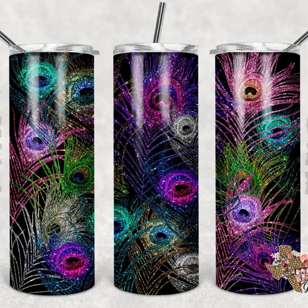 Peacock Glitter Feathers Tuumbler
